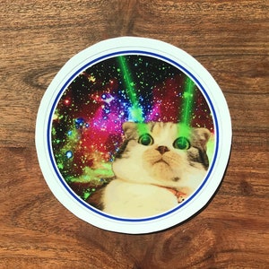 Space Cat With Laser Beams Sticker, Galaxy Cat Sticker, Funny Sticker, Laptop Sticker