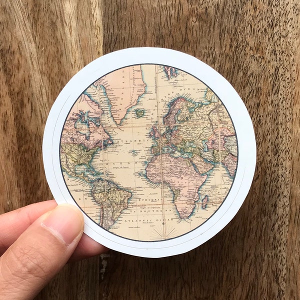 Vintage World Map Sticker, Vintage Map Sticker, Vintage Globe Decal, Laptop Sticker, Car Decal