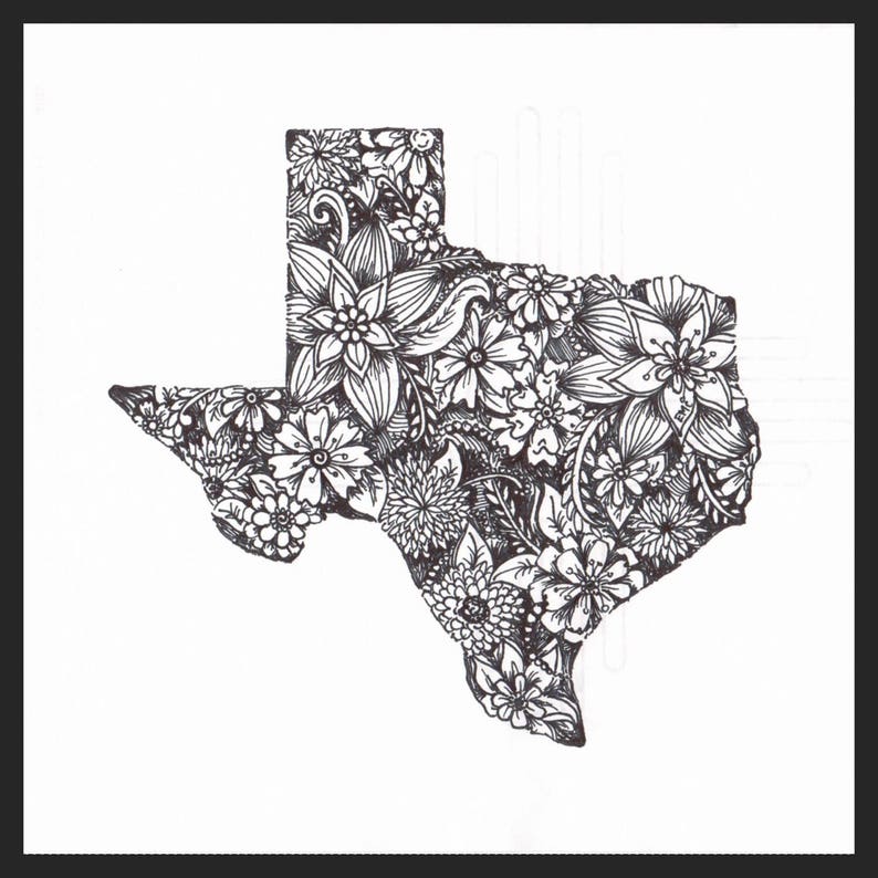 Floral Texas Drawing Texas Map Art Texas Pride Art Lone Etsy