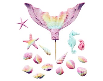 Edible Rainbow Mermaid Tail, Cake Topper incs seashells and seahorses.