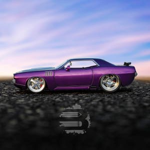 May include: A purple classic muscle car with a black hood and chrome wheels. The car is parked on a black asphalt surface.
