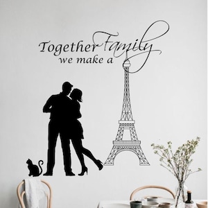 Calcomanía de pared familiar, calcomanía de cita familiar, calcomanía Eiffel Tour, calcomanía de pareja de amor, cita de pared familiar