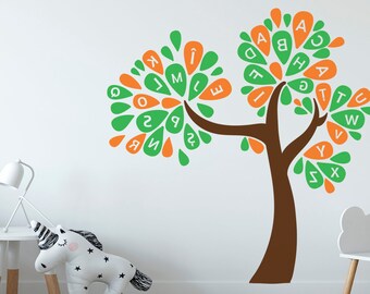 Calcomanía de pared del alfabeto, pegatinas del alfabeto de los niños en una calcomanía de la pared del árbol, calcomanías de la pared ABC, pegatinas de pared de los niños