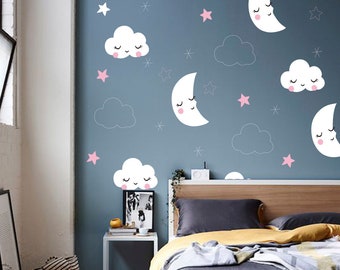 Moon and Stars Wall Decal, Nursery wall decal, Clouds wall decal, Star wall decal, Kids wall stickers