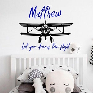 Airplane wall decal, Boy name Decal, Kids wall stickers, Plane sticker for Boy room decor,