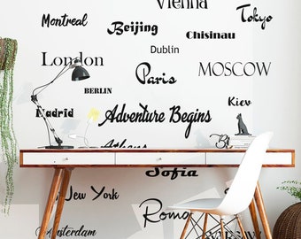 Travel wall decal, City name wall decals, Adventure Office wall decal, Country Capital decal