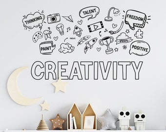 May include: A white room with two white desks and black chairs. The wall has a black and white drawing of a crescent moon and stars with the word "CREATIVITY" written below it. The drawing is surrounded by speech bubbles with words like "thinking", "talent", "freedom", and "positive".