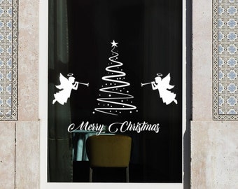 Winter Christmas decals, Christmas tree stickers, Christmas window decal,  Shop window stickers, Christmas angels decal