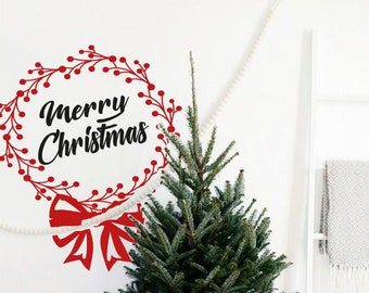 Christmas wall decal, Christmas wreath decal, Merry Christmas stickers for window, Door wreath decal