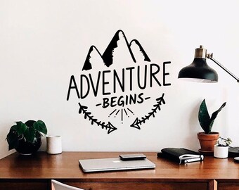 Adventure Begins wall Decal, Travel decals, Mountain wall stickers, Adventure quote vinyl decal