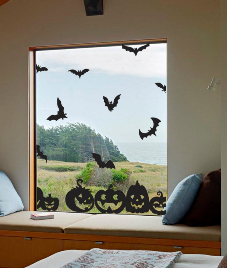 Halloween Window Decals
 Halloween Window Decals Halloween Pumpkins and Bat Window Etsy
