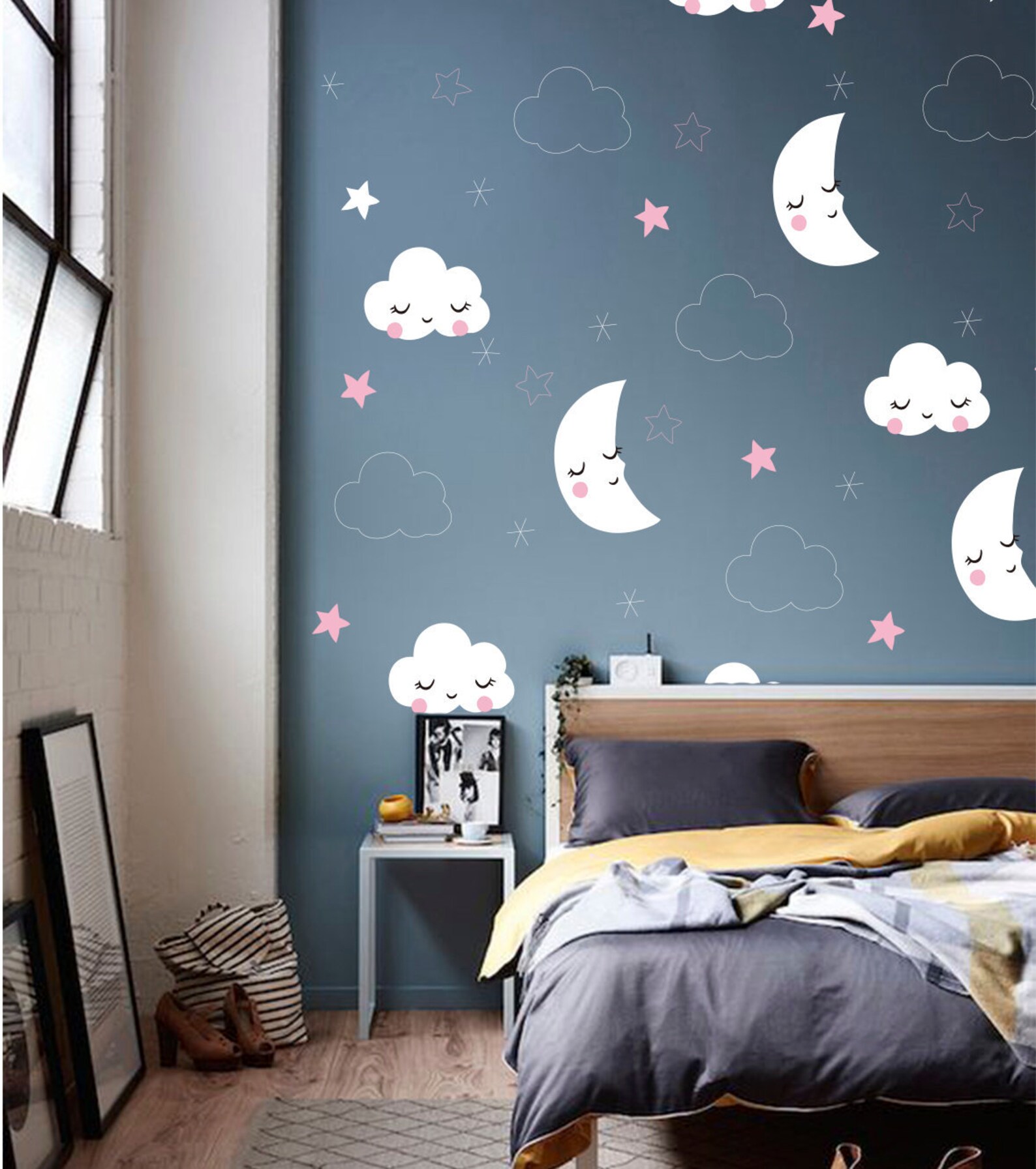 Moon and Stars Wall Decal Nursery Wall Decal Clouds Wall Etsy