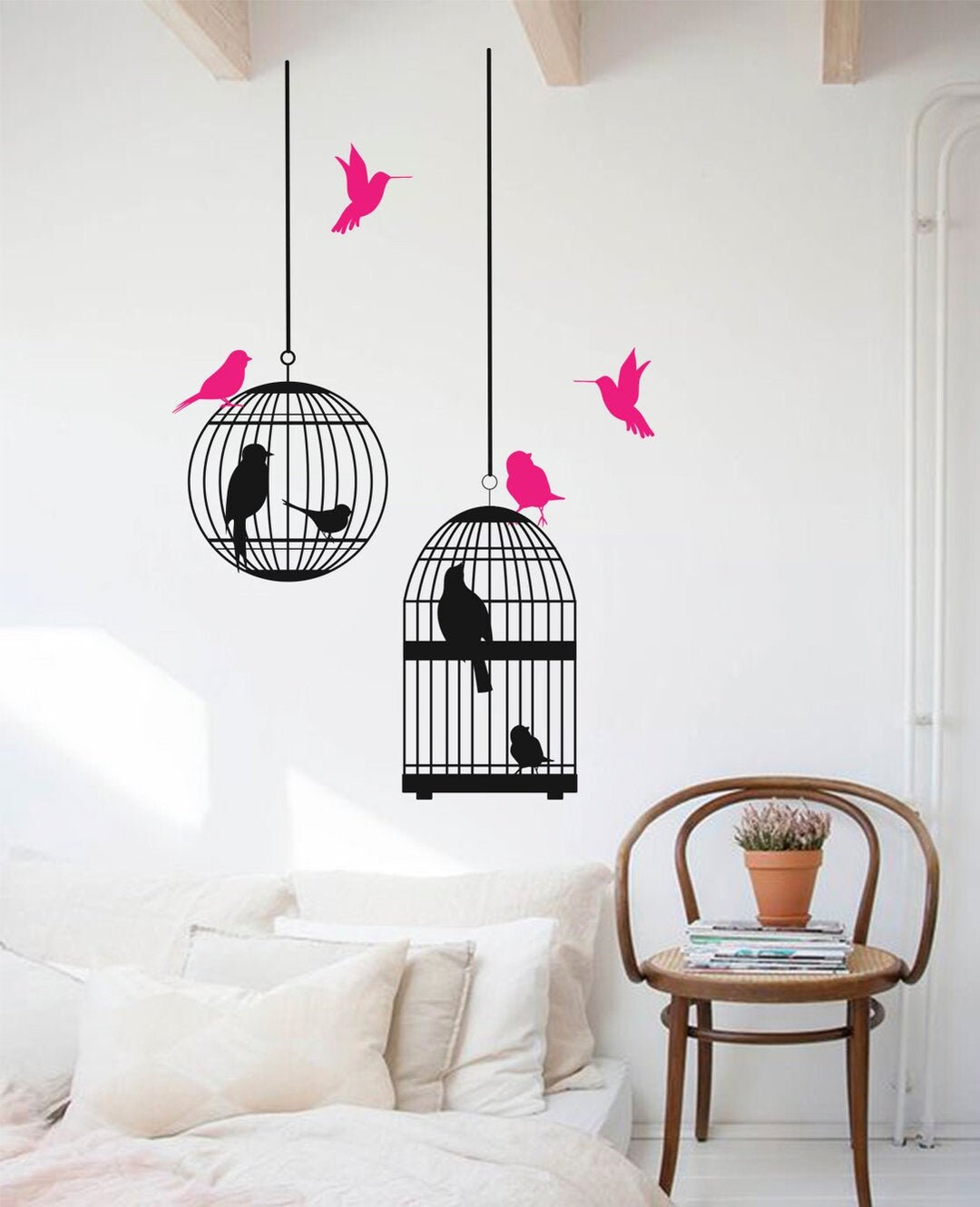 Birdcage Wall Decal, Nursery Wall Decal, Flying Birds Vinyl Wall Decal ...