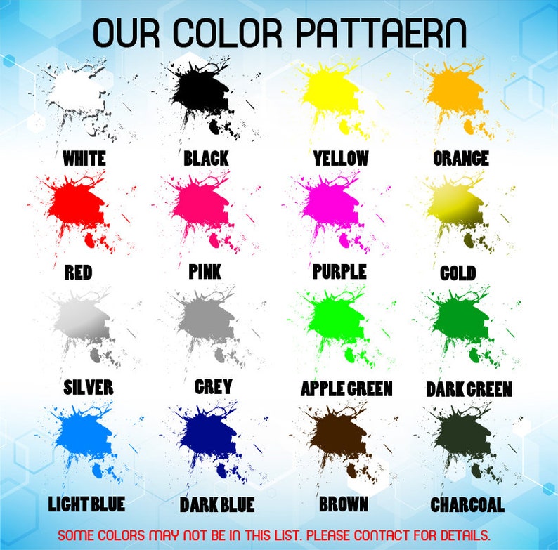 May include: A chart showing 16 different color swatches with the names of each color written below. The colors are white, black, yellow, orange, red, pink, purple, gold, silver, gray, apple green, dark green, light blue, dark blue, brown, and charcoal.