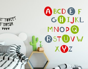 Vinilo decorativo colorido con el abecedario para pared, pegatinas del alfabeto para el aula, decoración infantil de vinilo.