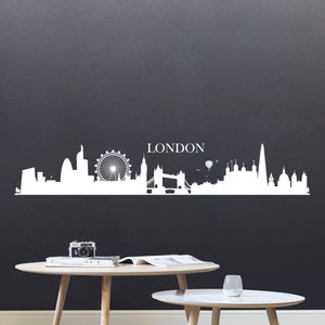 May include: White silhouette of the London skyline with the London Eye, Big Ben, Tower Bridge, and the Shard. The word "LONDON" is written above the skyline.