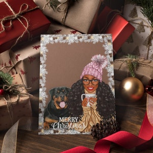 Einzigartige afroamerikanische Weihnachtskarte/ Grußkarte/ schwarze Frau mit Hundeweihnachtskarte