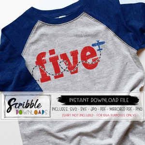 5 Geburtstag Flugzeug svg dxf Flugzeug bday svg Flugzeug Kleinkind Kinder Vinyl geschnitten Datei Cricut Silhouette druckbare Aufbügeln DIY Shirt fünf Fünftel