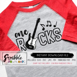 Anniversaire 1 one rocks svg bday 1er anniversaire svg bday garçon fille svg numérique enfants coupe fichier cricut silhouette dxf DIY musique guitare bande populaire