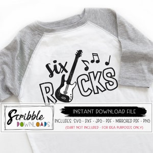 6 rotsen SVG vijf 6e verjaardag SVG bday Kids digitale zesde gesneden bestand cricut silhouet DXF muziek gitaar band zes afdrukbare opstrijkbare shirt DIY