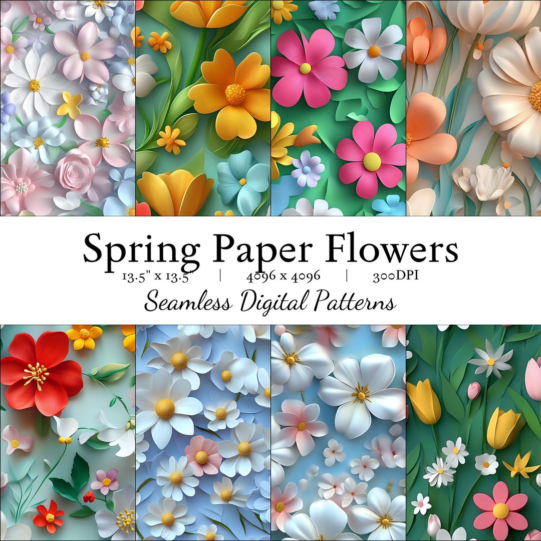 Spring Paper Flowers | 8 High Quality Seamless Prints | PNG Digital ...