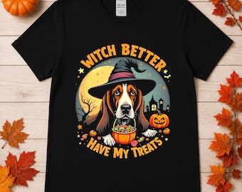 Basset Hound Witch Halloween T-Shirt: Spooky Dog Graphic Tee