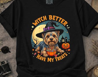 Witch Better Have My Treats Yorkie T-shirt | Halloween Dog Pumpkin
