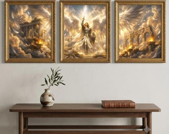 Angelic Warrior Triptych Wall Art, Celestial Guardian Painting (Digital Download)