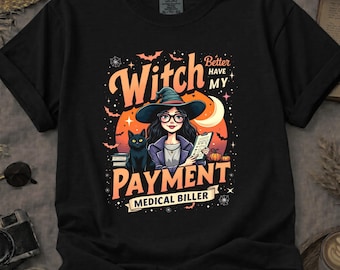 Comfort Colors Medical Biller Halloween Tee • Witch Black Cat Graphic Shirt