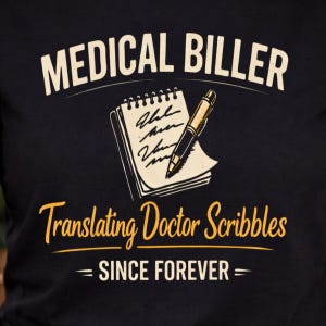 May include: Black t-shirt with the words "MEDICAL BILLER" in white arched text above a notepad and pen illustration. Below, in yellow script, it reads "Translating Doctor Scribbles" and "SINCE FOREVER" in white.
