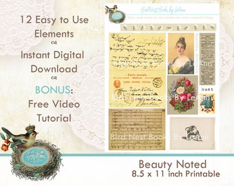 Printable Vintage Junk Journal Ephemera Collage Sheet -Beatuty Noted -  Link to Free Mini Junk Journal Tutorial using these images