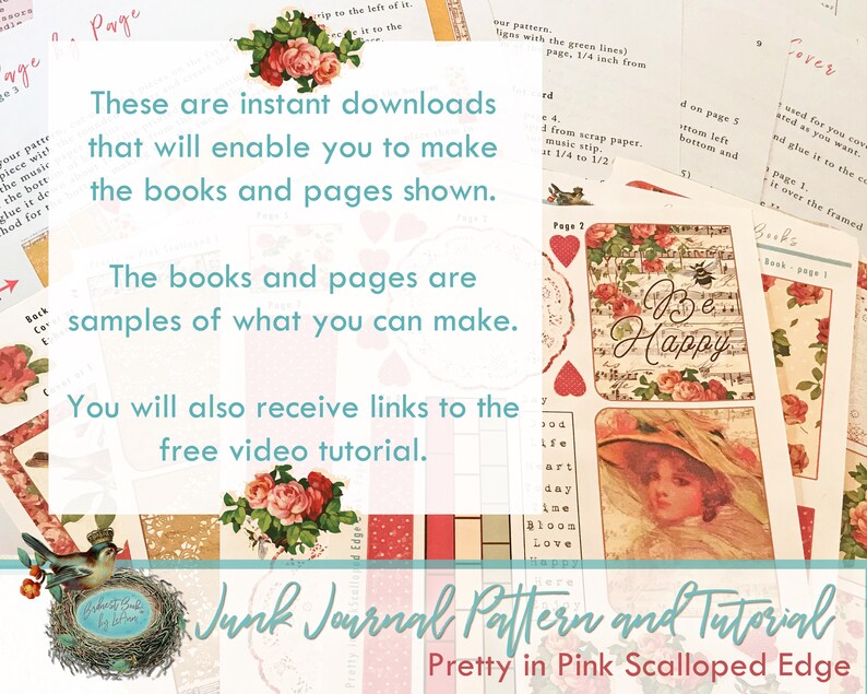 May include: A digital download for a junk journal pattern and tutorial. The image shows a pink and white scalloped edge design with the text "Pretty in Pink Scalloped Edge". The image also shows a variety of pages and book covers with a pink and white floral theme. The text "These are instant downloads that will enable you to make the books and pages shown." is also visible.