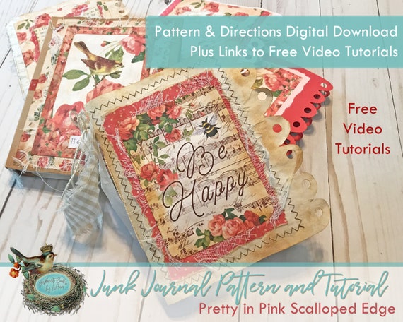 Junk Journal Pattern & Tutorial Printable Digital Kit Pretty in Pink Scalloped Edge- 15 pgs-  8 1/2 x 11 inch Paper crafting scrapbook