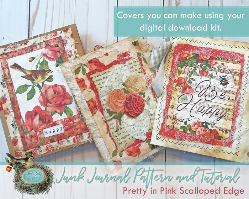 May include: Three different junk journal covers with a floral theme. The covers are made with patterned paper, fabric, and embellishments. The covers feature the words "Happy" and "Be Happy".