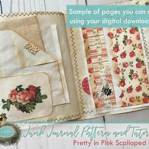 May include: A sample page from a junk journal kit with a pink scalloped edge, featuring a floral pattern, a bee, and a handwritten list. The page is made of paper with a distressed look and has a gold accent.