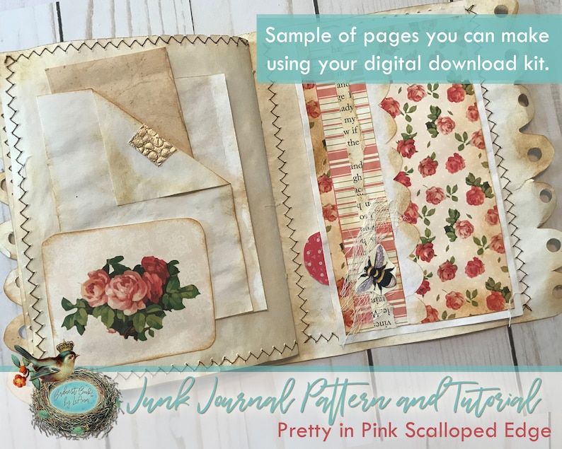 May include: A sample page from a junk journal kit with a pink scalloped edge, featuring a floral pattern, a bee, and a handwritten list. The page is made of paper with a distressed look and has a gold accent.