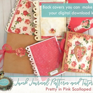 May include: A collection of scrapbook paper covers with a pink and white polka dot pattern, a floral pattern, and a brown paper cover with a scalloped edge. The text "Junk Journal Pattern and Tutorial" and "Pretty in Pink Scalloped Edge" is visible at the bottom of the image.