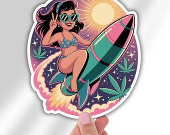Stoner Girl Space Vinyl Decal Retro Pinup Hippie Weed Sticker for Laptop Water Bottle Car Cannabis Boho Aesthetic 420 Gift for Her