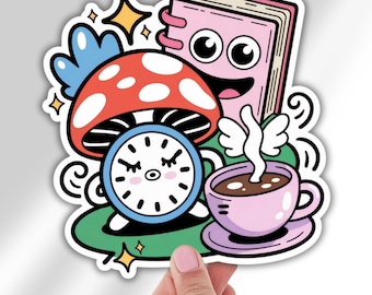 Mushroom Alarm Clock Coffee Cup Vinyl Decal Fun Cartoon Planner Stickers for Students Productivity Lovers Cute Study Motivation Stickers