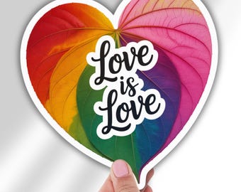 Rainbow Leaf Love Is Love Pride Heart Kiss Cut Vinyl Decal LGBTQ Sticker for Laptop Car Water Bottle Queer Art Gift Love Wins Design