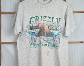 Camiseta Budweiser Grizzly vintage de los 90 con efecto desgastado (talla mediana)