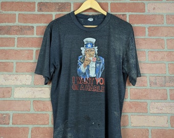 Vintage 80s Heavily Distressed Harley Davidson "I Want You on a Harley" ORIGINAL Uncle Sam Parody Tee - Large / Extra Large
