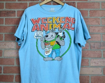 Vintage 80s Weekend Animal Cartoon ORIGINAL Drinking Illustration Tee - Large / Extra Large