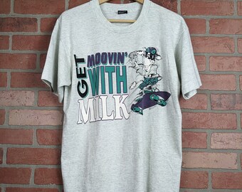 Vintage 90s Get Moovin' with Milk ORIGINAL Skateboarding Cow Tee - Large