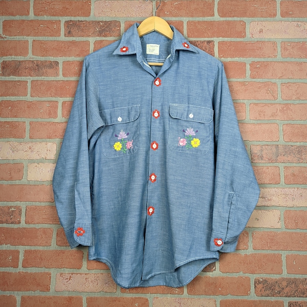 Vintage 70s 80s Embroidered Big Mac Selvedege Finish Chambray ORIGINAL Button Down Work Shirt - Large