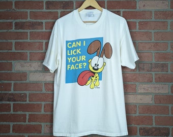 Vintage 90s Garfield Odie "Can I Lick Your Face" ORIGINAL Cartoon Graphic Tee - Extra Large