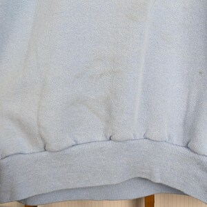 May include: Pale blue sweatshirt with a ribbed hem and cuffs. The fabric has a soft texture and some visible marks. The bottom hem is a darker shade of blue. A casual garment.
