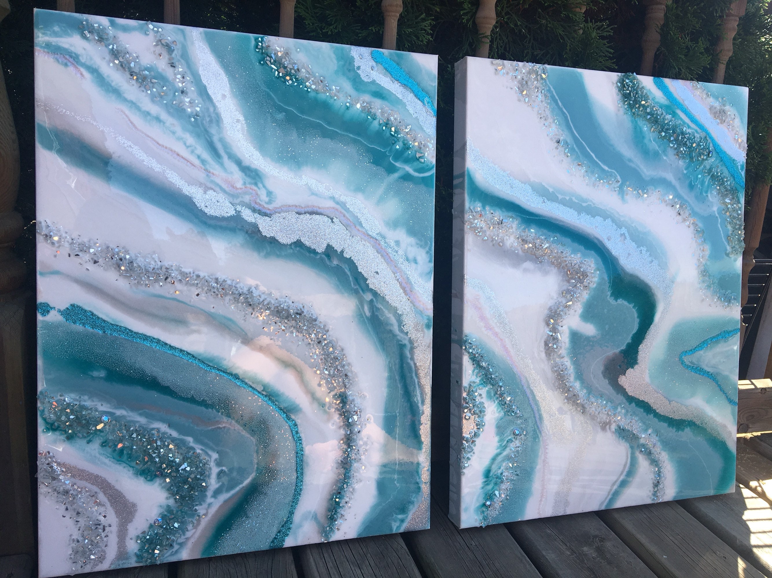 Dusty teal silver and white geode style epoxy resin painting Etsy