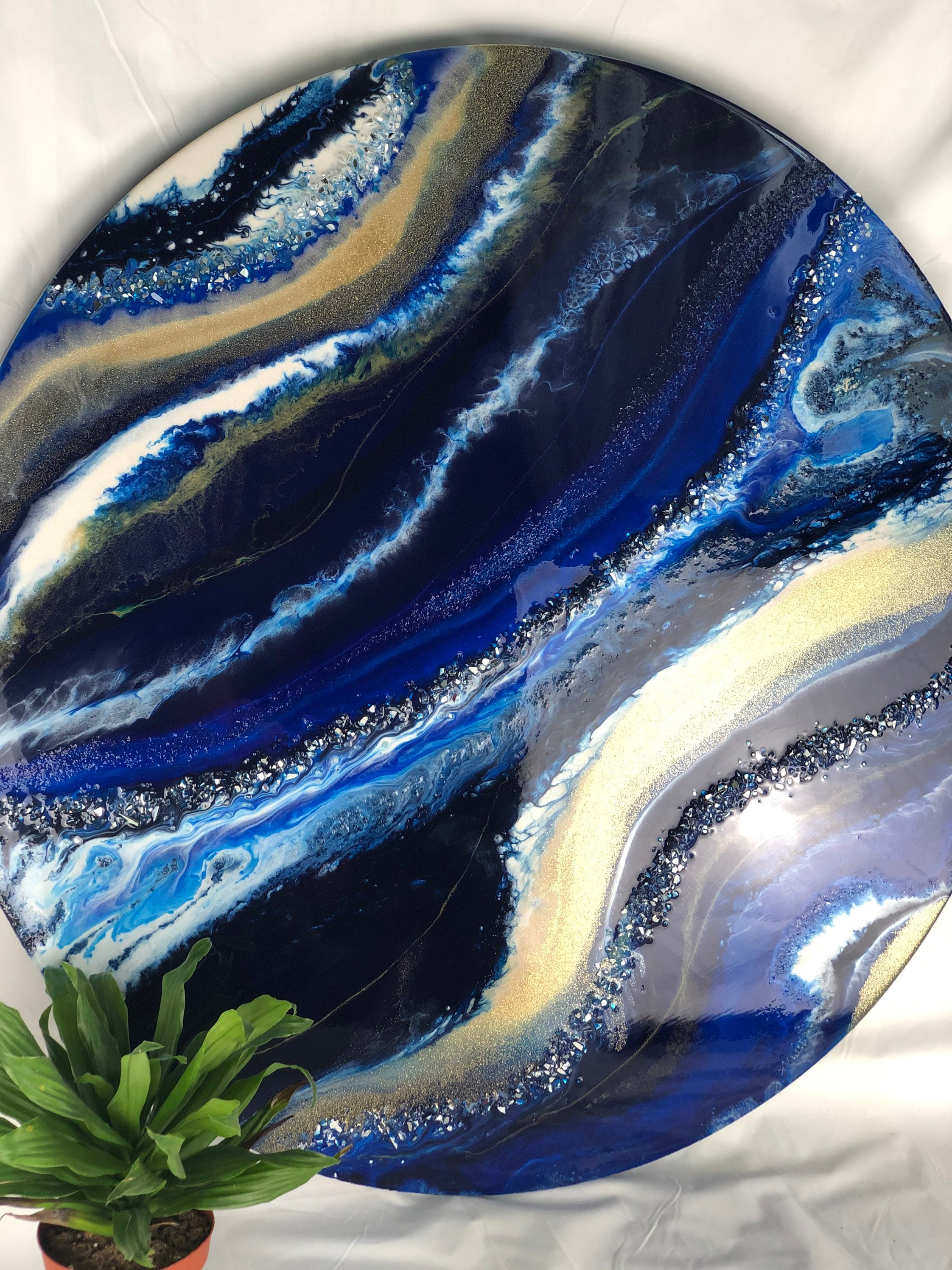 30 Round Artwork Navy Blue and Gold Wall Art Resin Etsy