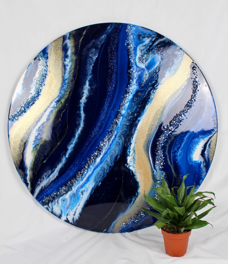 30 Round Artwork Navy Blue and Gold Wall Art Resin Etsy Canada